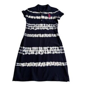 Ralph Lauren Sport 100% Cotton Picot Big Pink Pony Navy Shibori Dye Polo Dress M